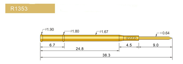 R1353-W探針套管、1.67mm測(cè)試針、總長38.3mm、彈簧針套管圖片、測(cè)試針套管圖片、頂針套管圖片、探針套管圖片